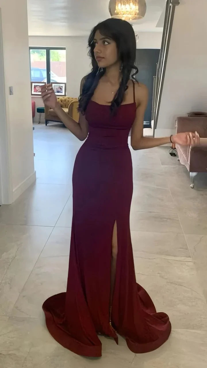 Classy Elegant Sheath Spaghetti Straps Burgundy Slit Sequin Prom Dresses Long Evening Dress Long Formal Dress DP495