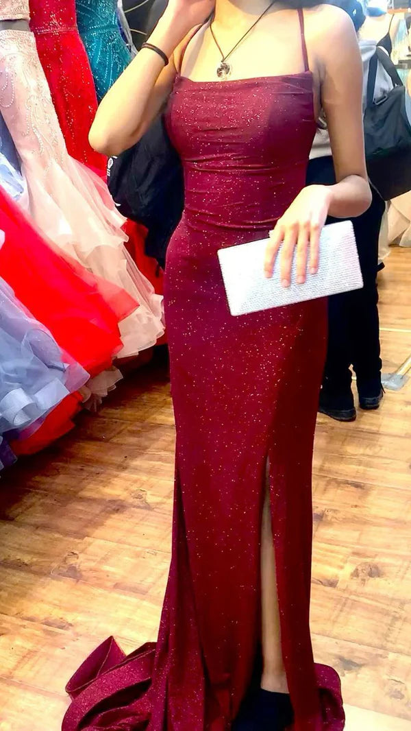 Classy Elegant Sheath Spaghetti Straps Burgundy Slit Sequin Prom Dresses Long Evening Dress Long Formal Dress DP495