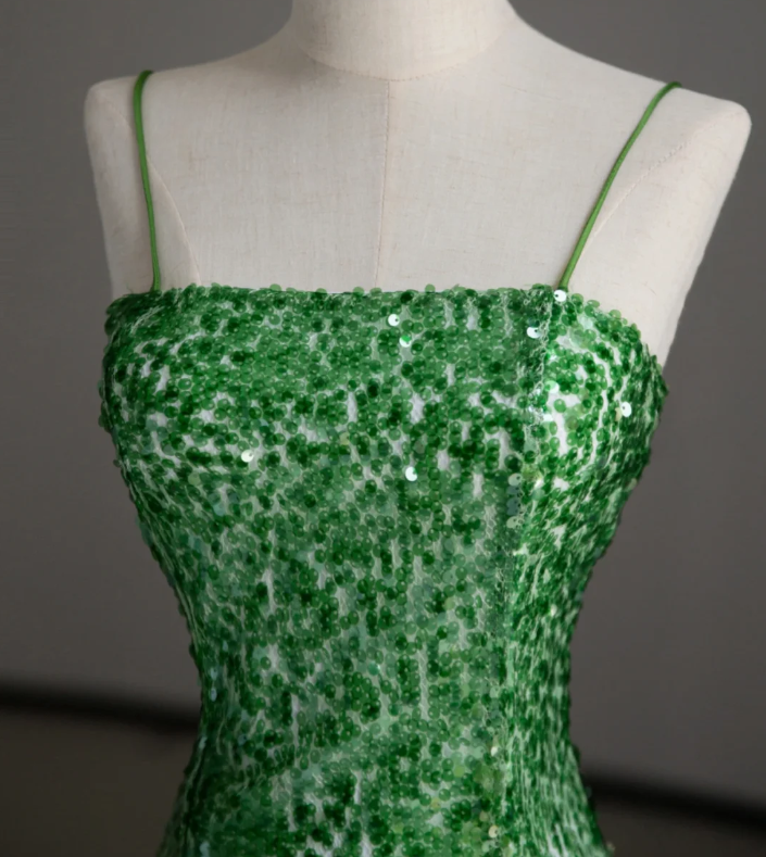 Gorgeous Sheath Spaghetti Straps Green Sleeveless Sequin Long Prom Dresses Graduation Dresses DP504