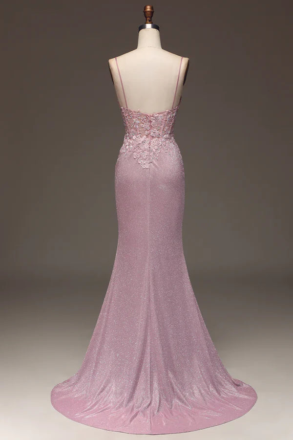 Classy Glitter Blush Mermaid Spaghetti Straps Long Prom Dress With Beading Graduation Dresses DP511
