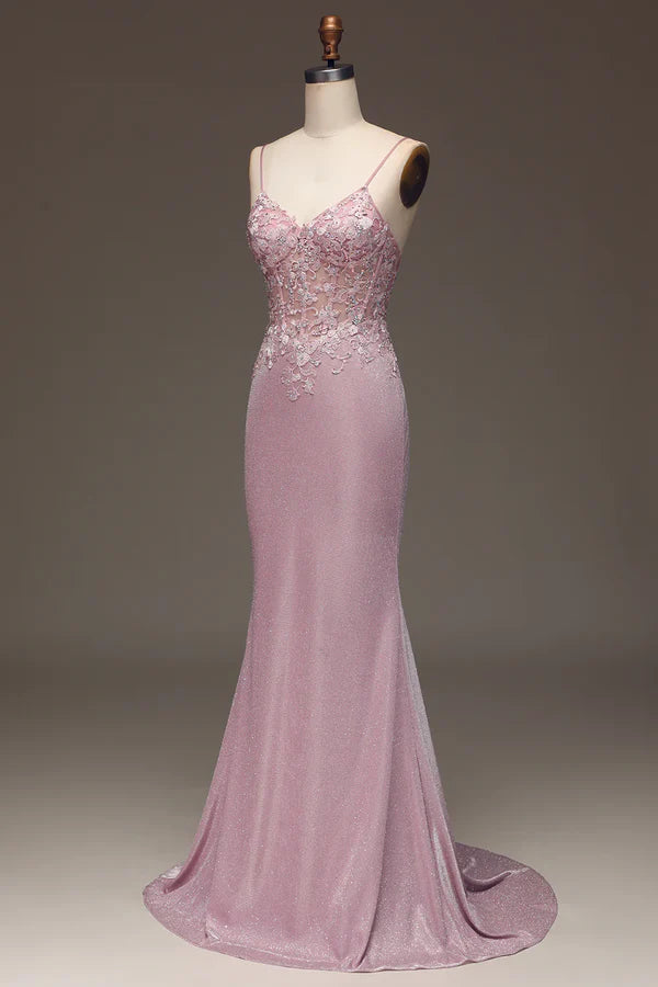 Classy Glitter Blush Mermaid Spaghetti Straps Long Prom Dress With Beading Graduation Dresses DP511
