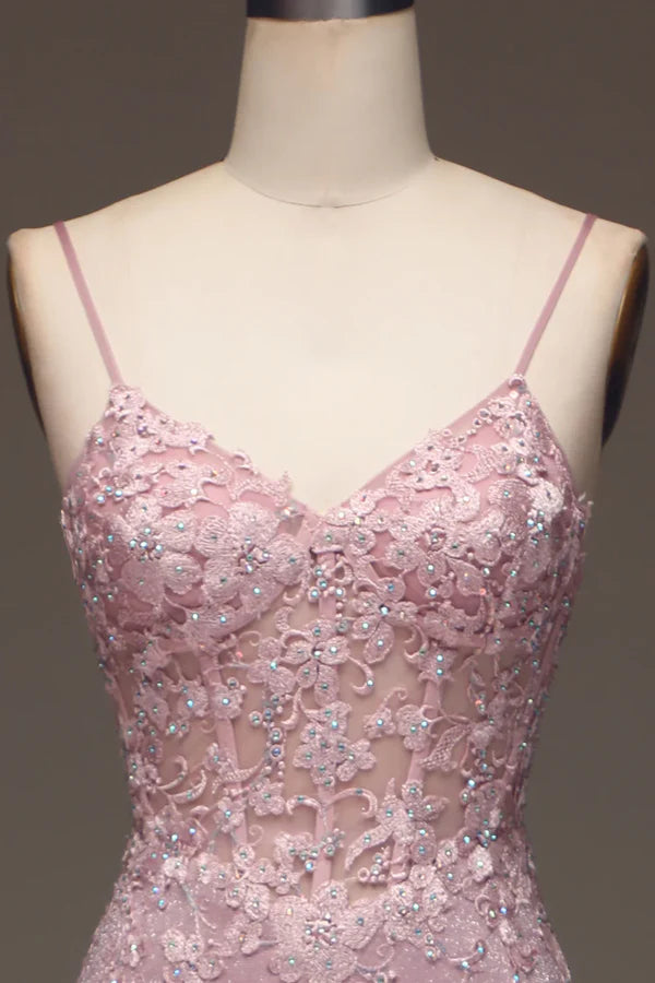 Classy Glitter Blush Mermaid Spaghetti Straps Long Prom Dress With Beading Graduation Dresses DP511