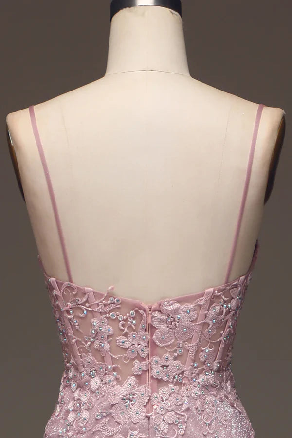 Classy Glitter Blush Mermaid Spaghetti Straps Long Prom Dress With Beading Graduation Dresses DP511