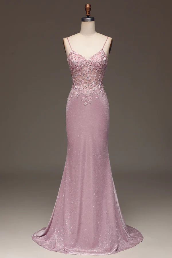 Classy Glitter Blush Mermaid Spaghetti Straps Long Prom Dress With Beading Graduation Dresses DP511