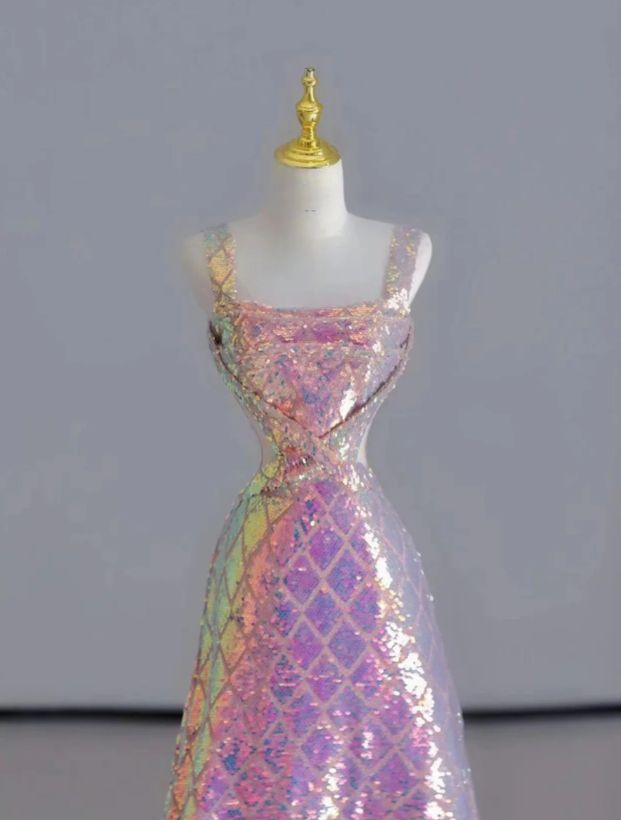 Pretty Sheath Square Neckline Sequin Sleeveless Long Prom Dresses Evening Dresses DP516