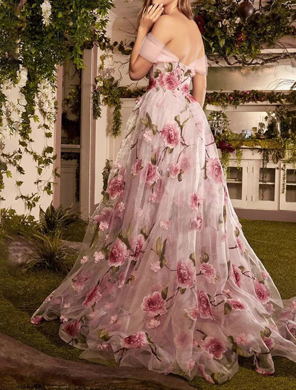 Classy Prom Dresses Floral Dress Formal Wedding Guest Sweep Train Sleeveless Off Shoulder Lace Graduation Dresses DP520