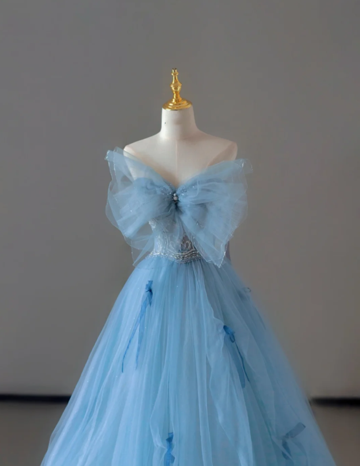 Pretty Ball Gown Strapless Blue Tulle l Sleeveless Long Prom Dresses Evening Dresses DP520