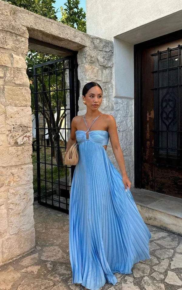 Robe de bal longue plissée ajourée bleue sans manches, coupe A-line, col licou, élégante, DP521
