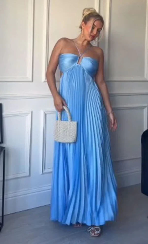 Robe de bal longue plissée ajourée bleue sans manches, coupe A-line, col licou, élégante, DP521