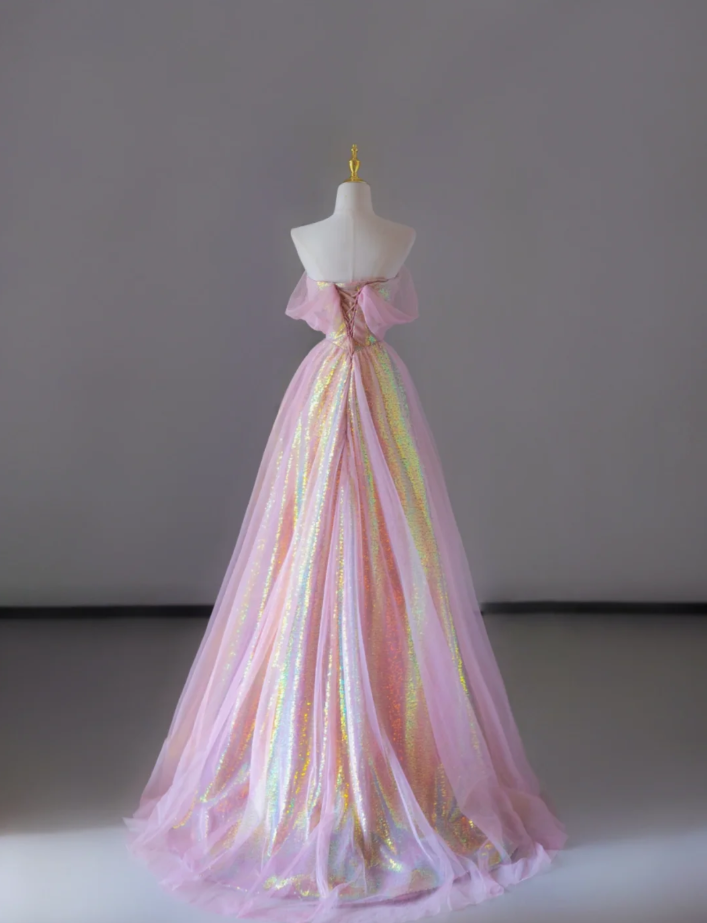 Gorgeous A Line Sweetheart Sleeveless Sequin Pink Long Prom Dresses Graduation Dresses DP522