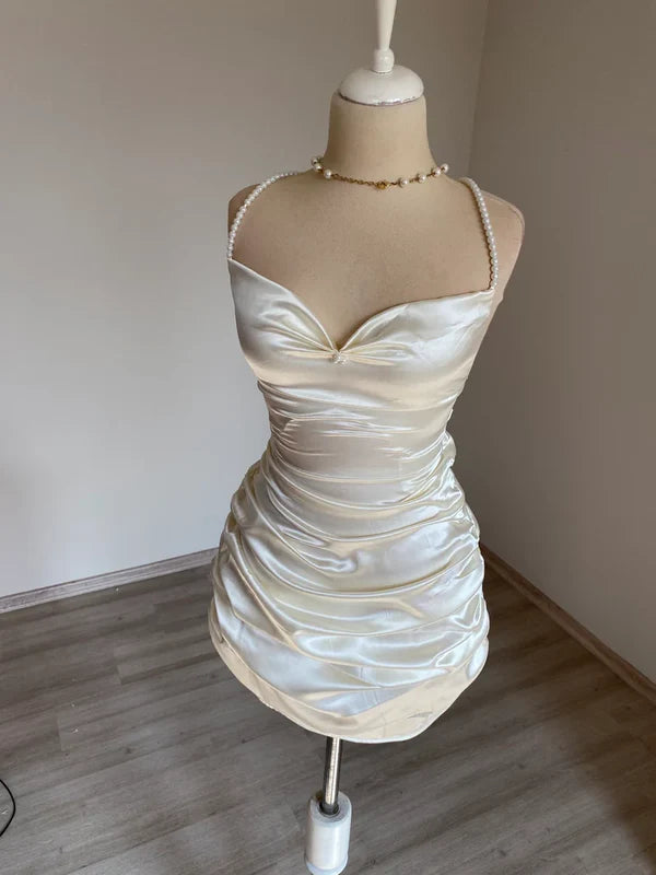 Classy Sheath Straps Short Homecoming Dress Cocktail Dress Satin White Birthday Dresses DP536