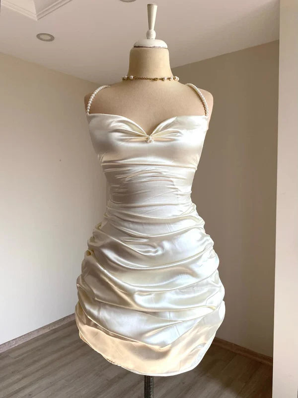 Classy Sheath Straps Short Homecoming Dress Cocktail Dress Satin White Birthday Dresses DP536