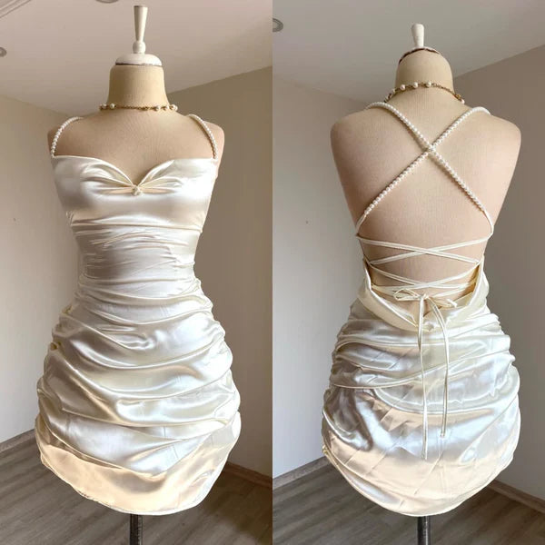 Classy Sheath Straps Short Homecoming Dress Cocktail Dress Satin White Birthday Dresses DP536