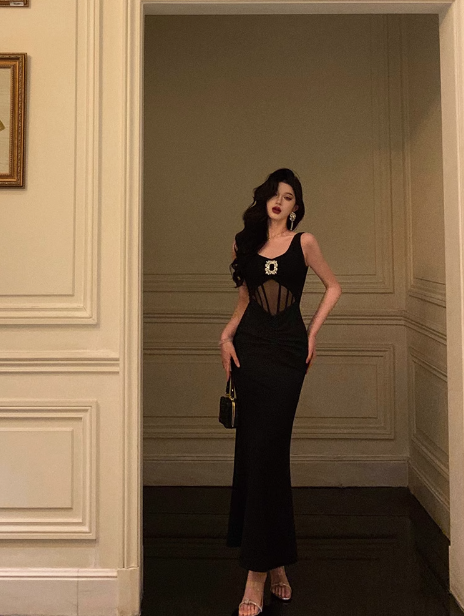 Cute Mermaid V Neckline Black Sleeveless 18th Birthday Dress Party Gown Birthday Outfits Birthday Dress Ideas For Women DP538