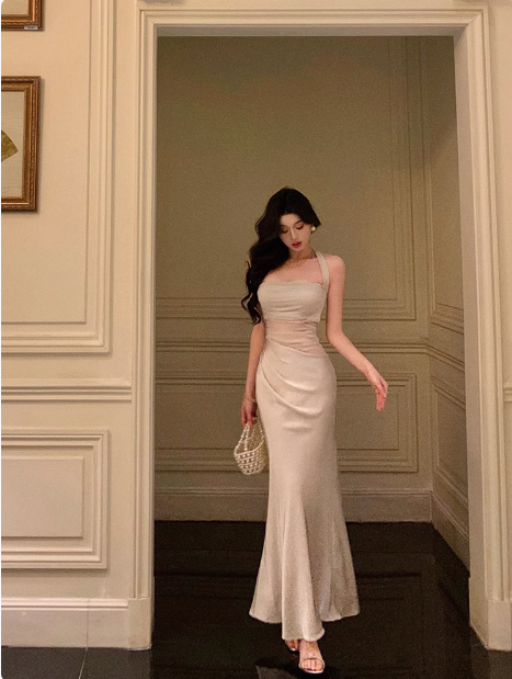 Elegant Mermaid Halter Satin Sleeveless 18th Birthday Dress Party Gown Birthday Outfits Birthday Dress Ideas For Women DP567