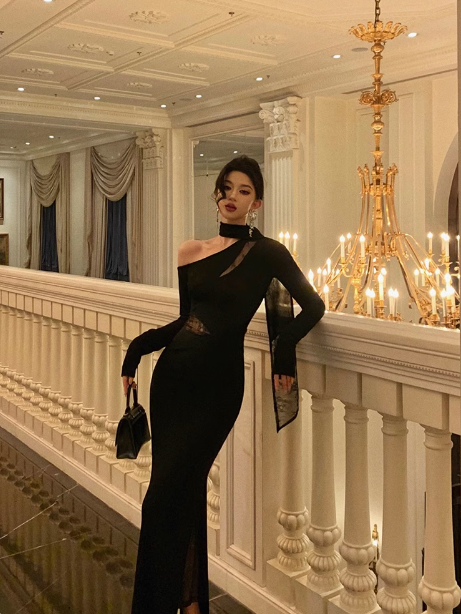 Classy Mermaid One Shoulder Black Long Sleeves 18th Birthday Dress Party Gown 21st Birthday Outfits Birthday Dress Ideas For Women DP571
