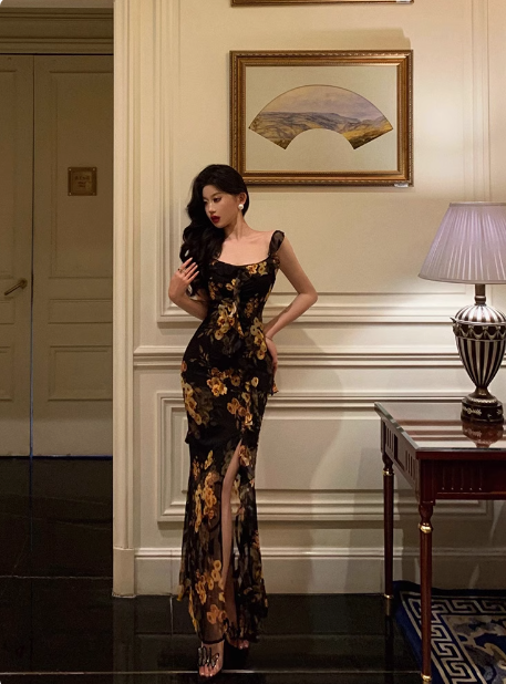 Elegant Mermaid Black Floral Chiffon 18th Birthday Dress Party Gown Birthday Outfits Birthday Dress Ideas For Women DP603