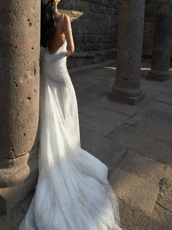 Robe de mariée sirène blanche chic à paillettes, longue, plissée, dos nu, DP621