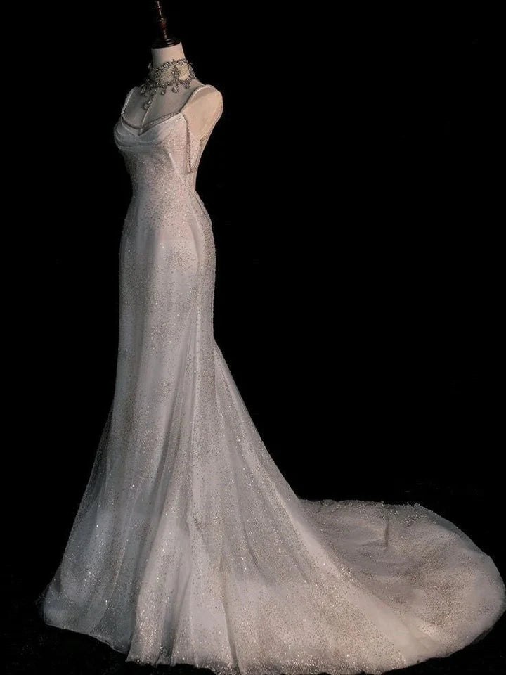 Robe de mariée sirène blanche chic à paillettes, longue, plissée, dos nu, DP621