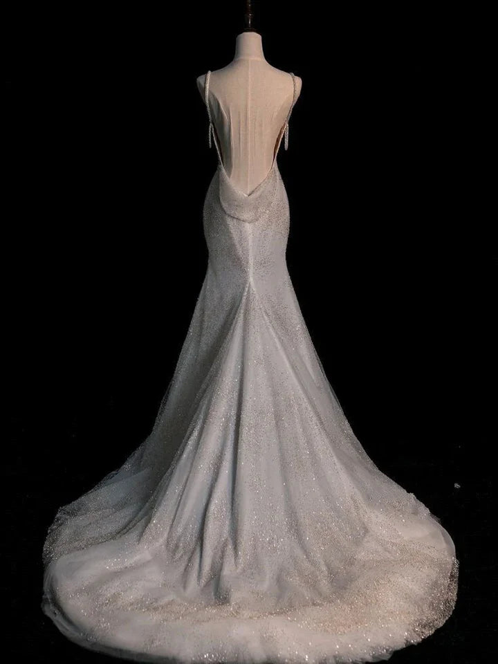 Robe de mariée sirène blanche chic à paillettes, longue, plissée, dos nu, DP621