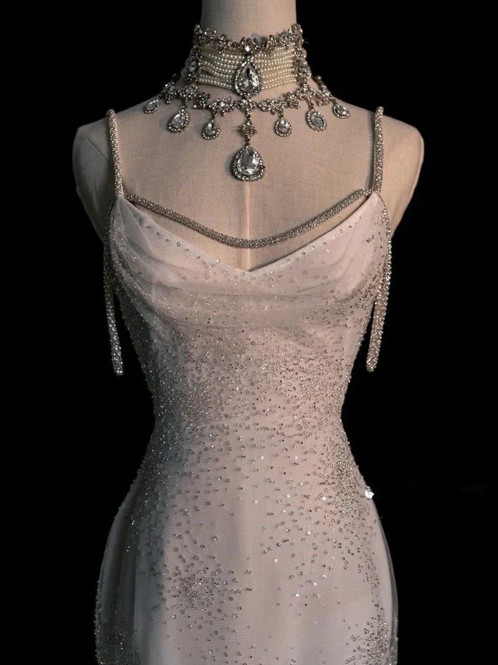 Robe de mariée sirène blanche chic à paillettes, longue, plissée, dos nu, DP621