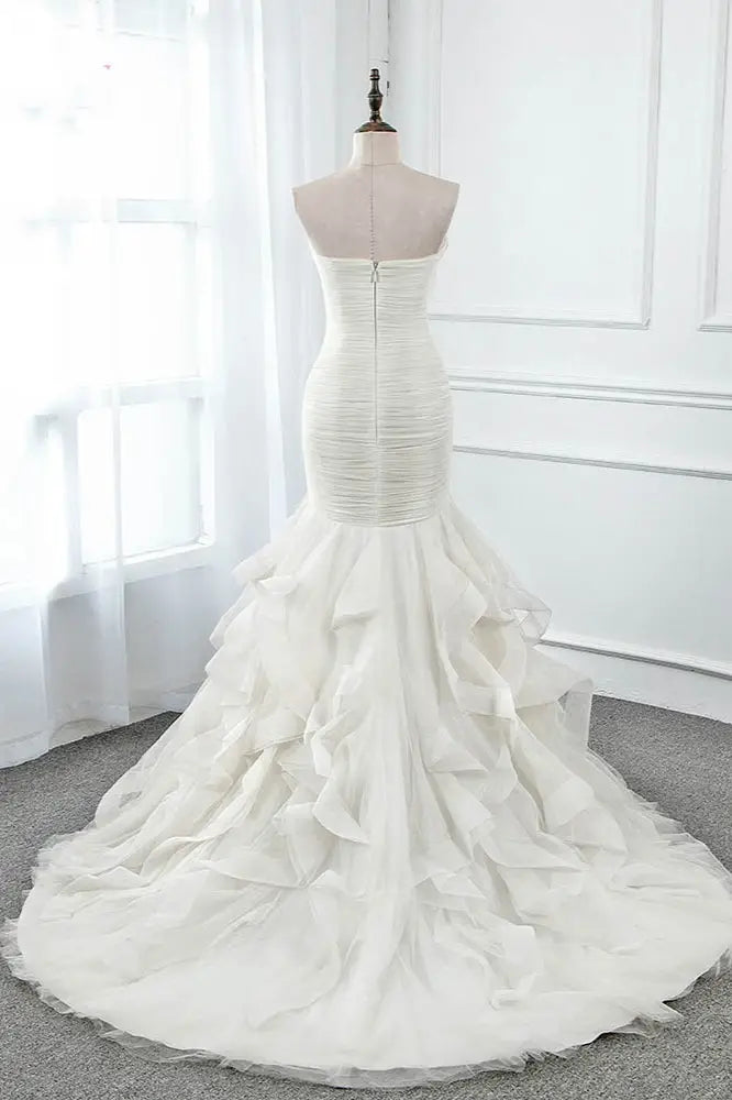 Robe de mariée ivoire chic sans bretelles, décolleté en cœur, volants, tulle, sans manches, avec plumes, DP615