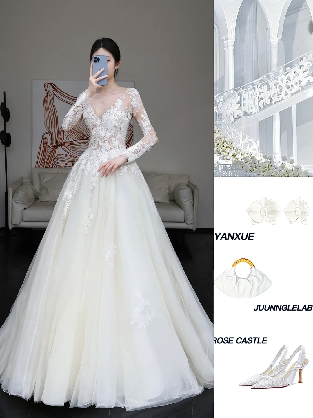 Unique Bridal Gown Ball Gown V Neckline Long Sleeves White Lace Wedding Dresses Bridal Gowns DP645