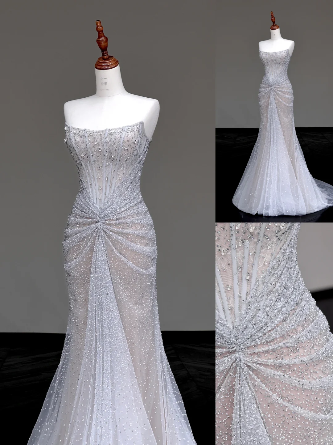 Gorgeous Mermaid Strapless Silver Gray Sequin Long Prom Dresses Graduation Dresses DP655