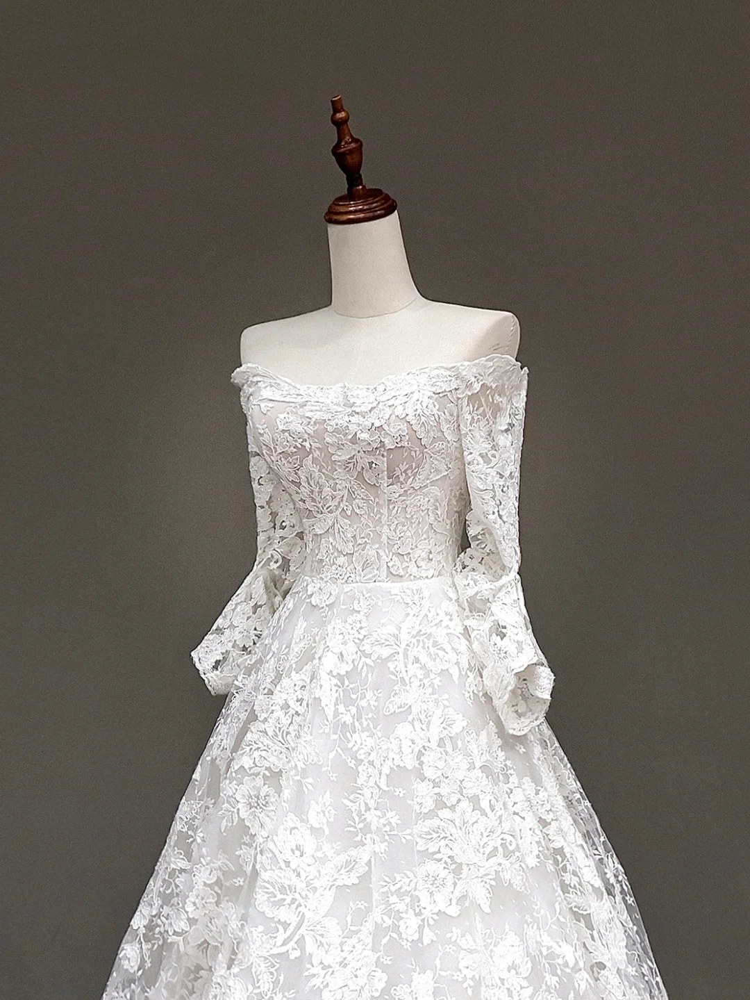 Classy Elegant A Line Off The Shoulder White Lace Long Sleeves Wedding Dress Brides Dress DP656