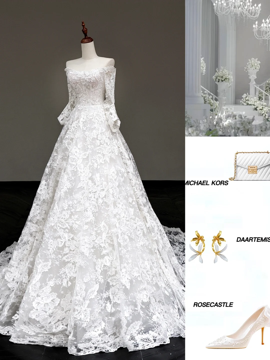 Classy Elegant A Line Off The Shoulder White Lace Long Sleeves Wedding Dress Brides Dress DP656