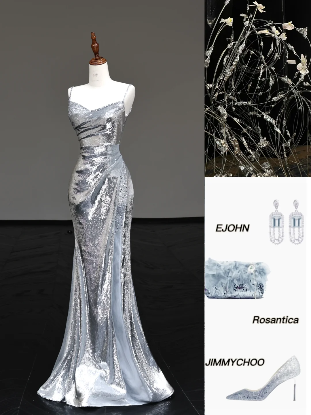 Gorgeous Mermaid Spaghetti Straps Silver Gray Sequin Long Prom Dresses Graduation Dresses DP656