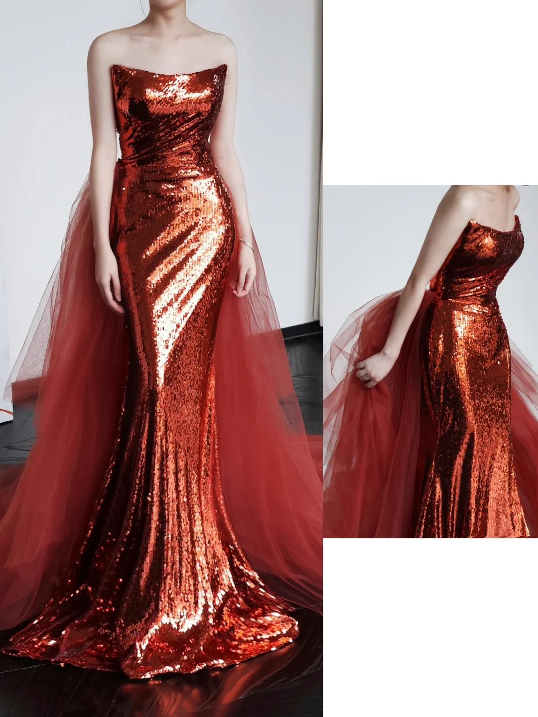 Gorgeous Mermaid Strapless Burgundy Sequin Long Prom Dresses Graduation Dresses DP660