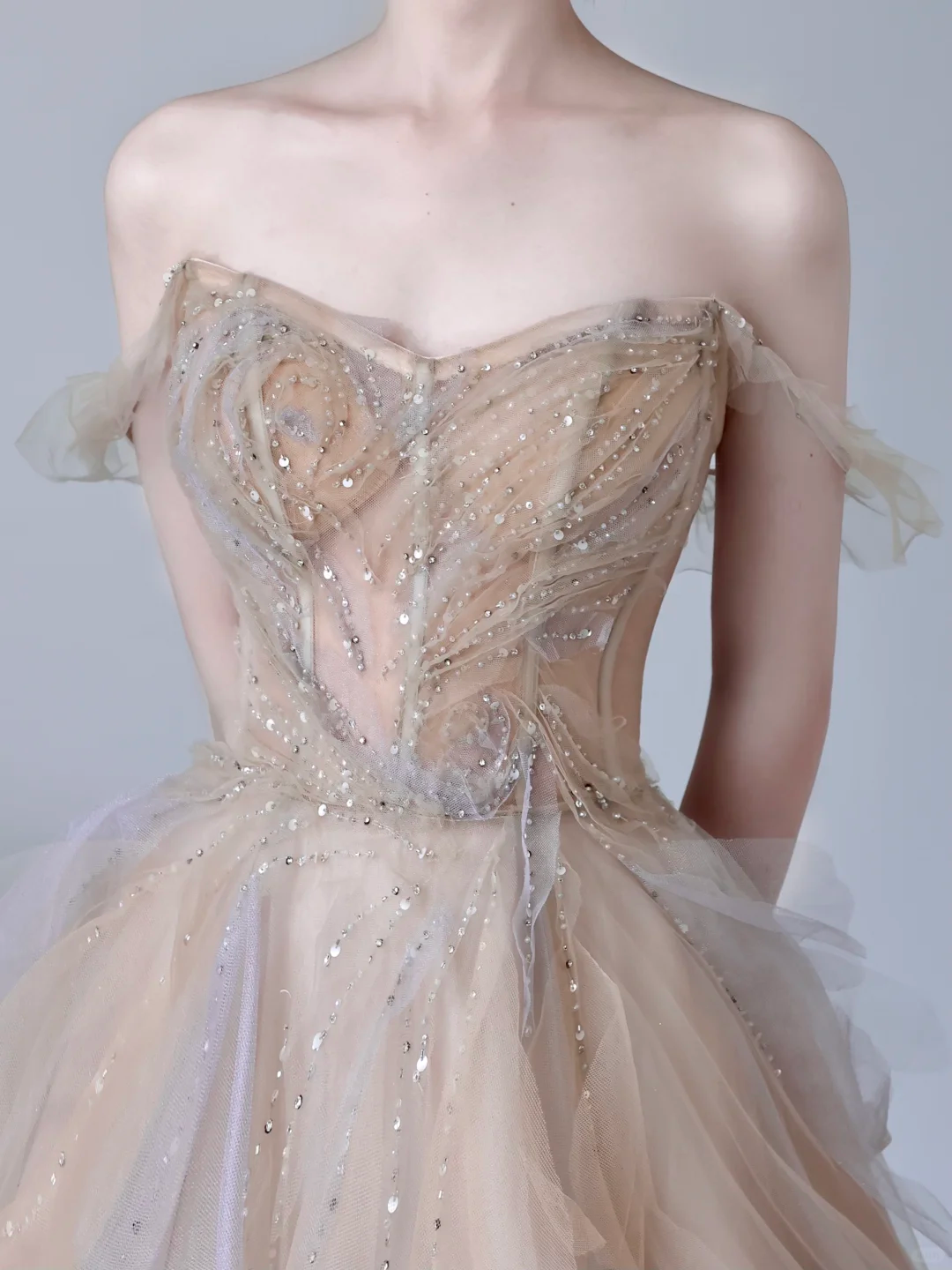 Gorgeous Ball Gown Off The Shoulder Champagne Tulle Long Prom Dresses Graduation Dresses DP664