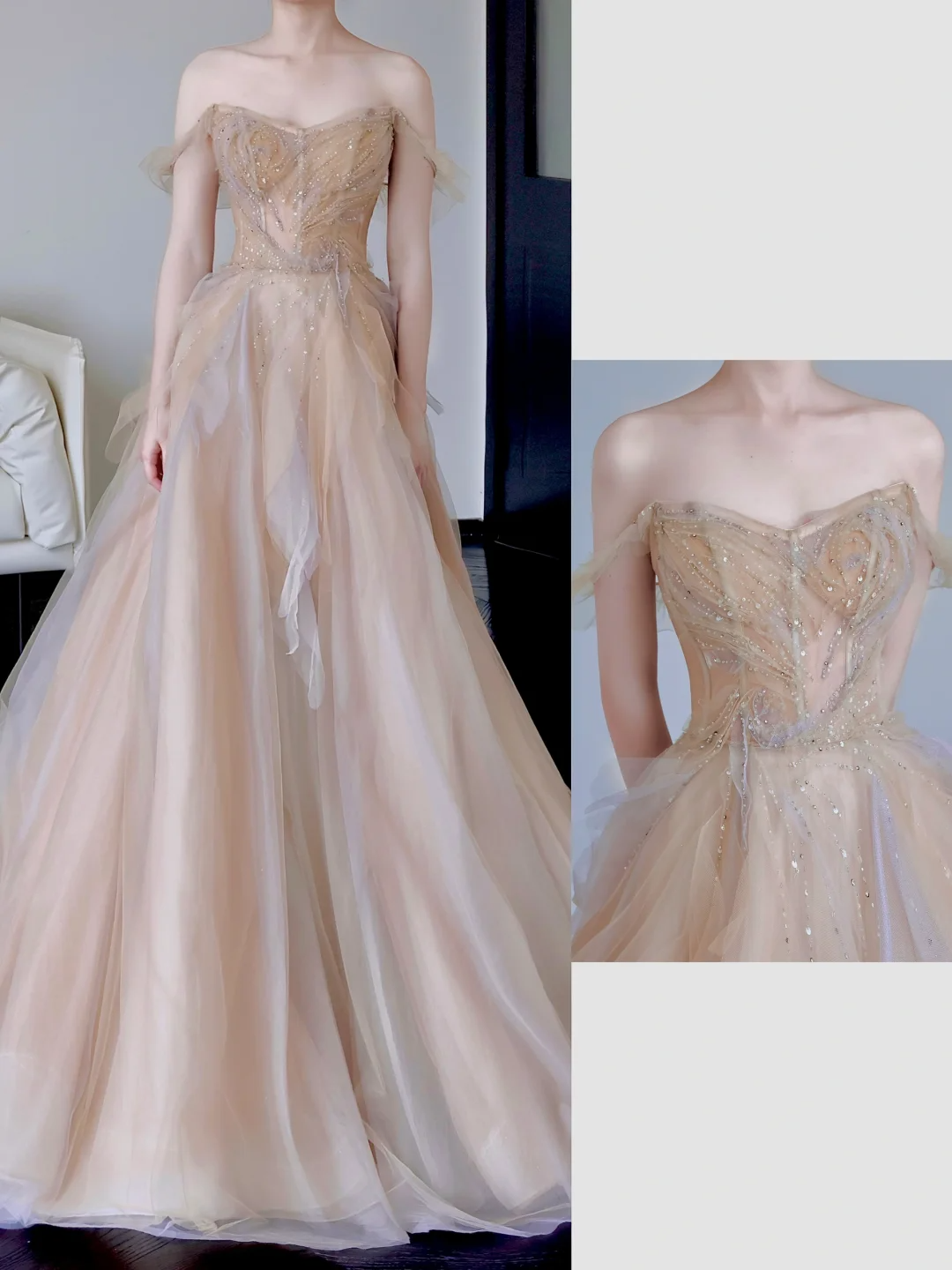 Gorgeous Ball Gown Off The Shoulder Champagne Tulle Long Prom Dresses Graduation Dresses DP664
