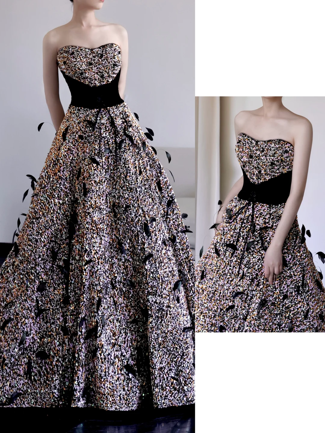 Gorgeous Ball Gown Strapless Black Sequin Long Prom Dresses Graduation Dresses DP669