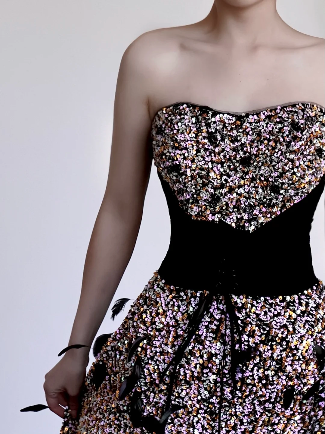 Gorgeous Ball Gown Strapless Black Sequin Long Prom Dresses Graduation Dresses DP669