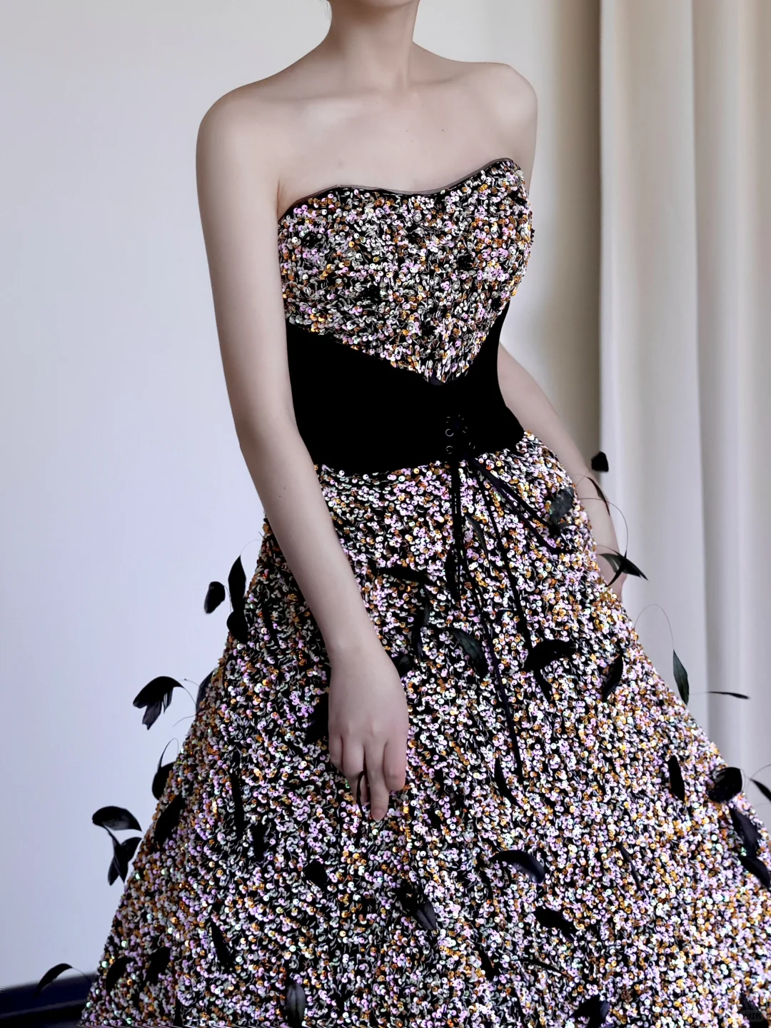 Gorgeous Ball Gown Strapless Black Sequin Long Prom Dresses Graduation Dresses DP669