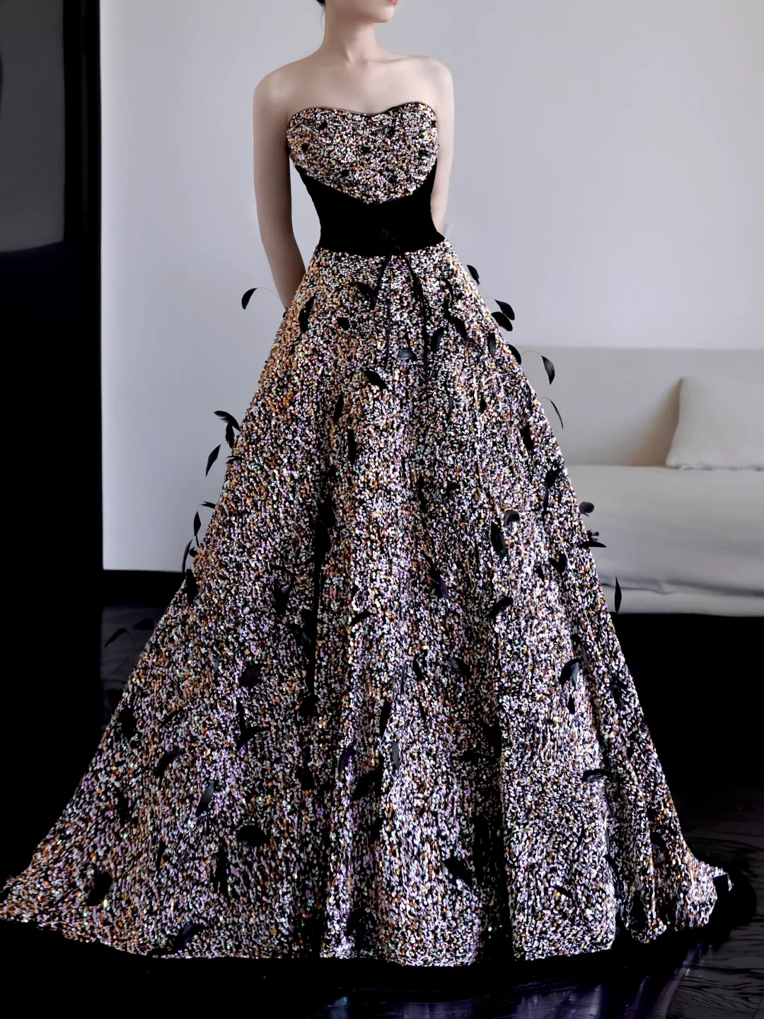 Gorgeous Ball Gown Strapless Black Sequin Long Prom Dresses Graduation Dresses DP669