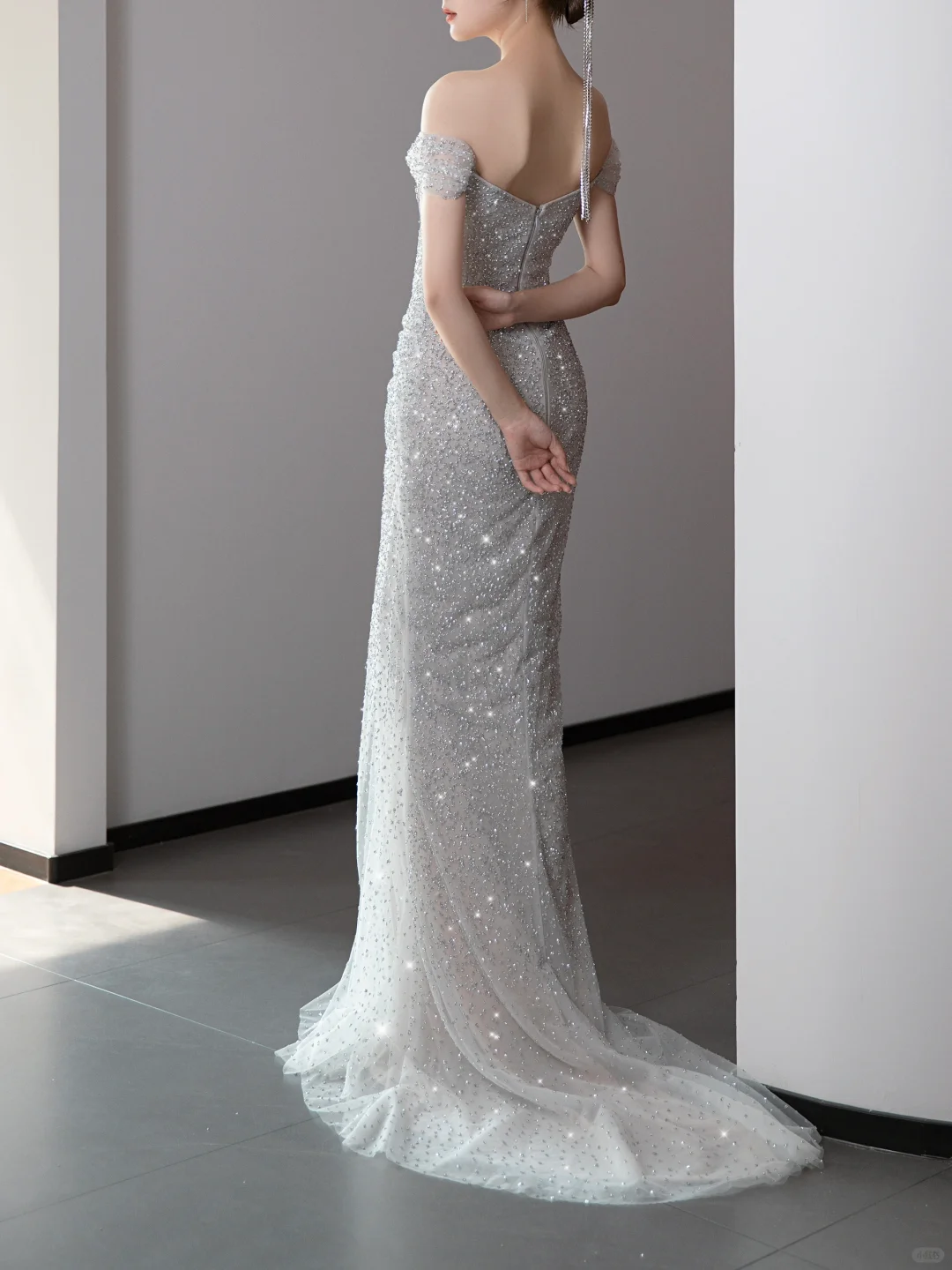 Gorgeous Mermaid Off The Shoulder Silver Gray Sequin Long Prom Dresses Graduation Dresses DP671
