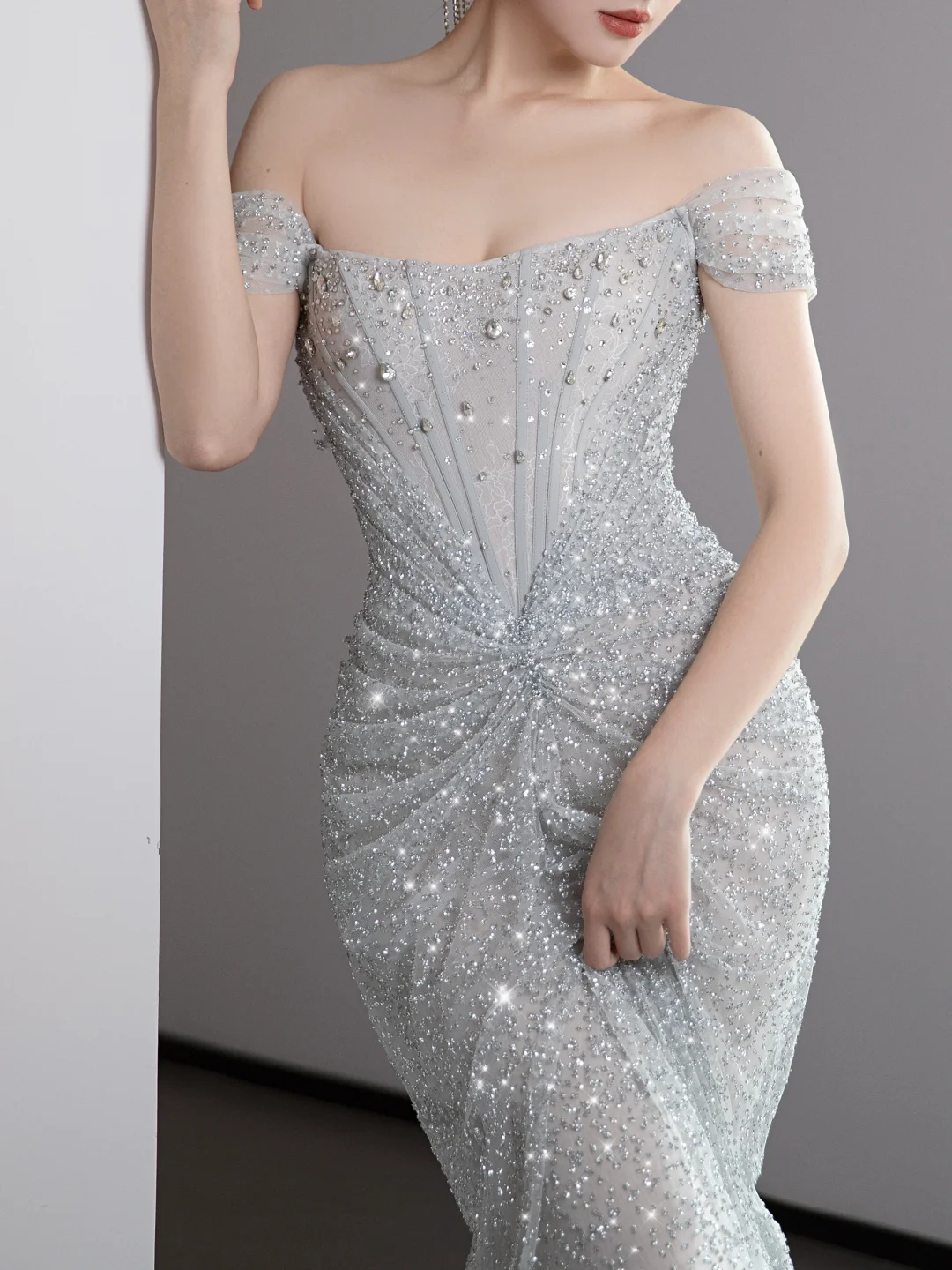 Gorgeous Mermaid Off The Shoulder Silver Gray Sequin Long Prom Dresses Graduation Dresses DP671