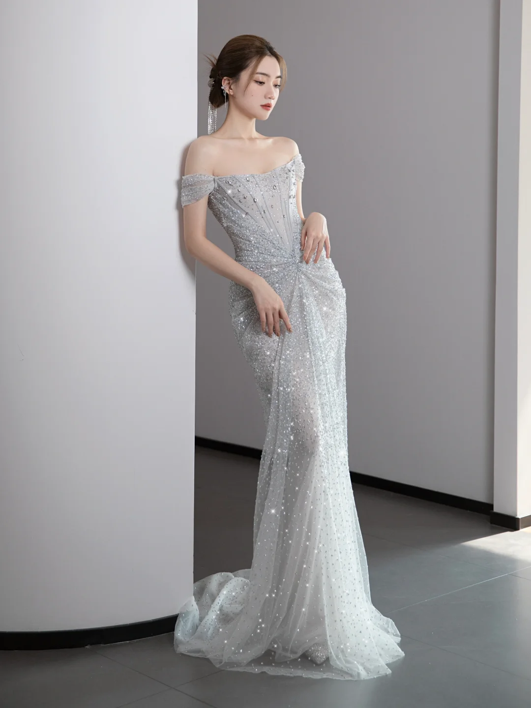 Gorgeous Mermaid Off The Shoulder Silver Gray Sequin Long Prom Dresses Graduation Dresses DP671