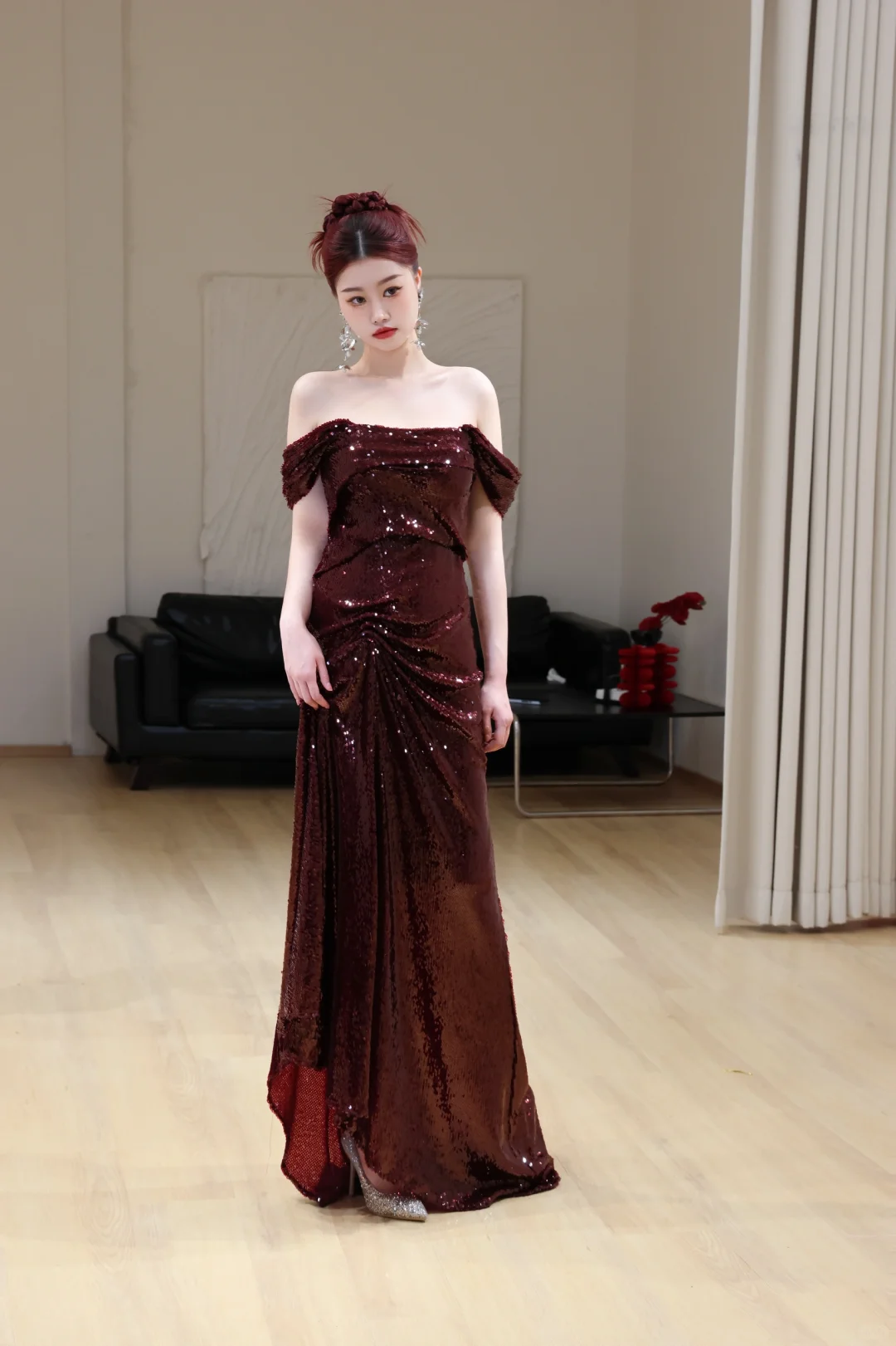 Gorgeous Mermaid Off The Shoulder Burgundy Sequin Long Prom Dresses Graduation Dresses DP673