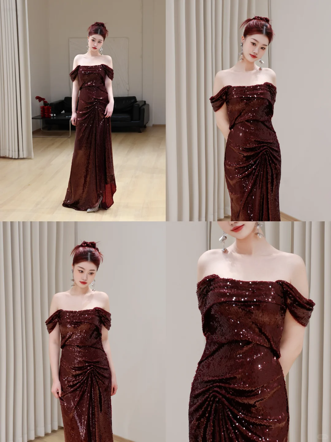 Gorgeous Mermaid Off The Shoulder Burgundy Sequin Long Prom Dresses Graduation Dresses DP673
