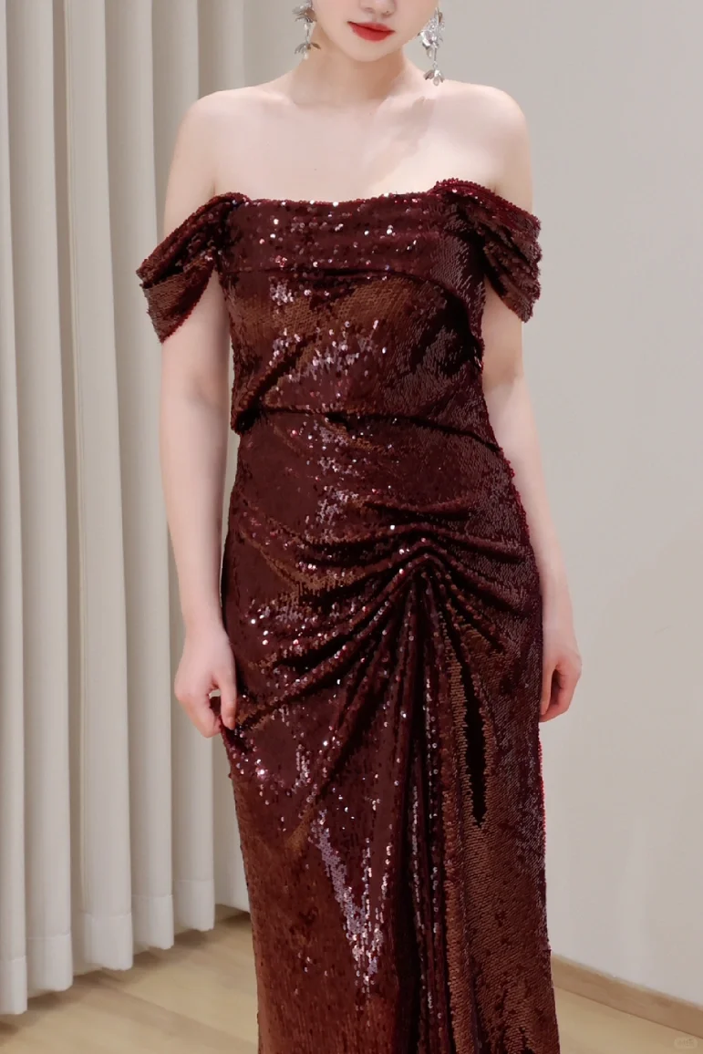 Gorgeous Mermaid Off The Shoulder Burgundy Sequin Long Prom Dresses Graduation Dresses DP673