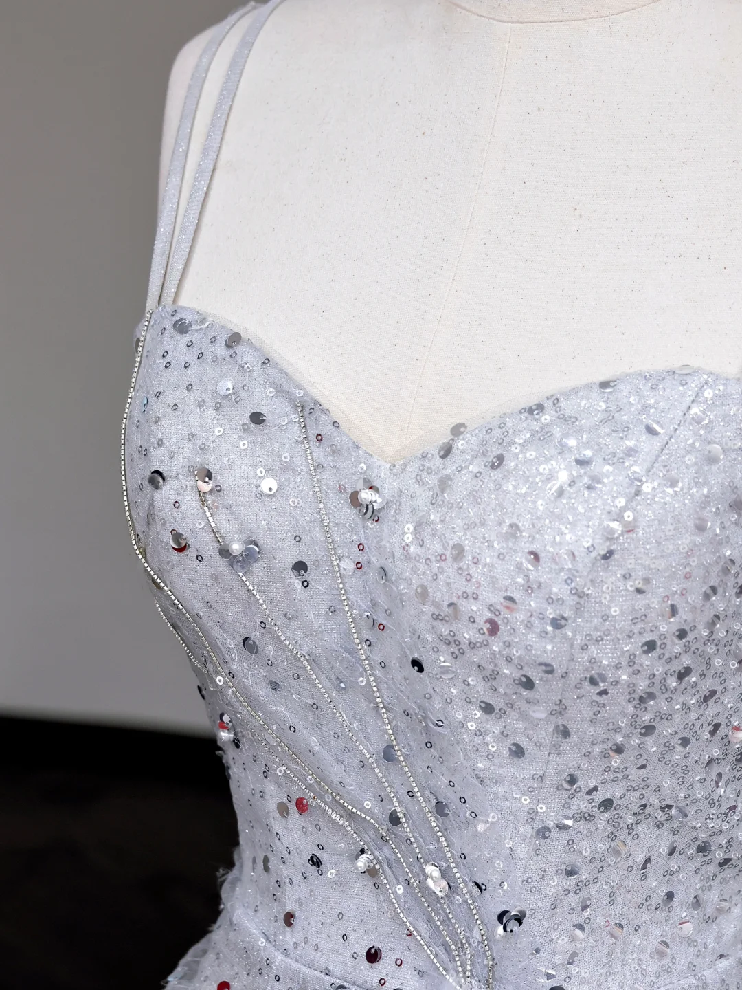 Gorgeous A Line Spaghetti Straps Sequin Silver Long Prom Dress Party Dress Graduation Dresses DP713