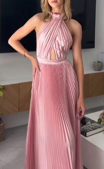 Elegant Wedding Guest Outfit A line Halter Hot Pink Satin Prom Dresses Summer Wedding Guest Dresses Graduation Dresses DP727