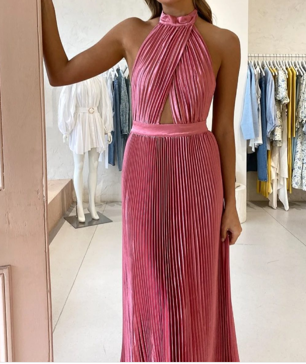 Elegant Wedding Guest Outfit A line Halter Hot Pink Satin Prom Dresses Summer Wedding Guest Dresses Graduation Dresses DP727