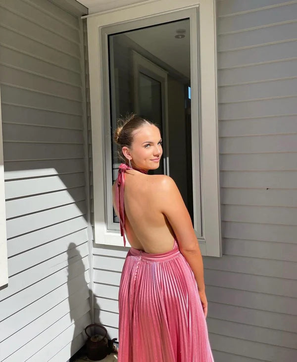Elegant Wedding Guest Outfit A line Halter Hot Pink Satin Prom Dresses Summer Wedding Guest Dresses Graduation Dresses DP727