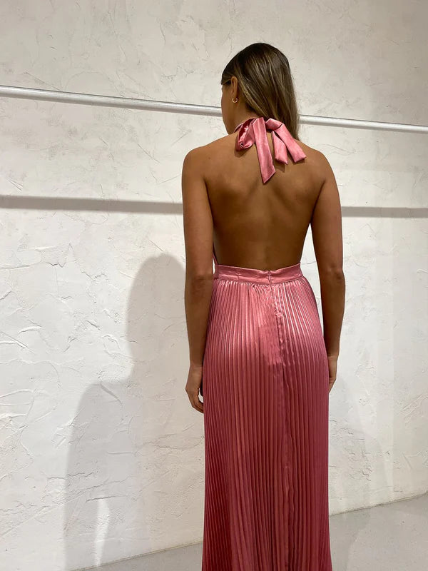 Elegant Wedding Guest Outfit A line Halter Hot Pink Satin Prom Dresses Summer Wedding Guest Dresses Graduation Dresses DP727