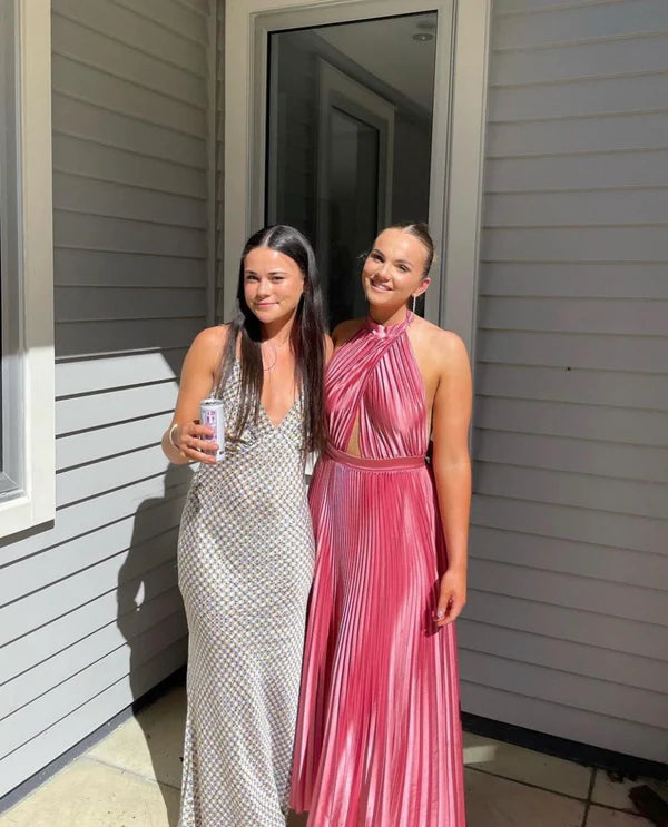 Elegant Wedding Guest Outfit A line Halter Hot Pink Satin Prom Dresses Summer Wedding Guest Dresses Graduation Dresses DP727